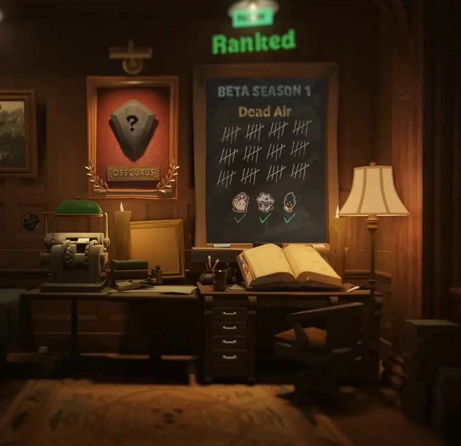 The Ranked menu in the Deadlock Hideout, with the Obscurus badge and the season chalkboard