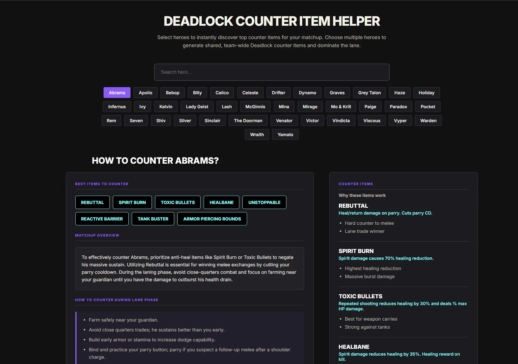 The original Deadlock Item Builder counter helper, with a purple hero list and item buttons